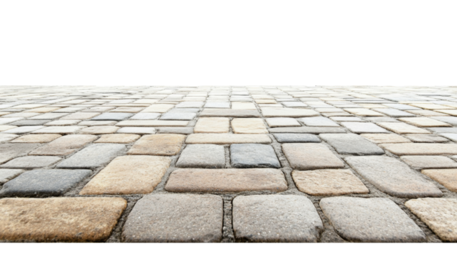 Cobblestone pavement texture on transparent background creating ideal backdrop