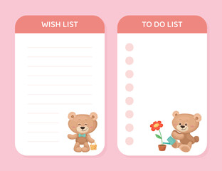 Teddy Bear Note Card Design with Cute Fluffy Animal Vector Template