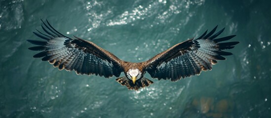 Fototapeta premium Majestic eagle soaring over a shimmering blue ocean, capturing the essence of freedom and nature
