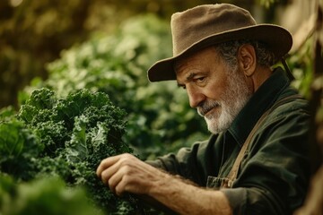 Fototapeta premium Senior farmer carefully examining his lush kale crop in a rustic garden setting.