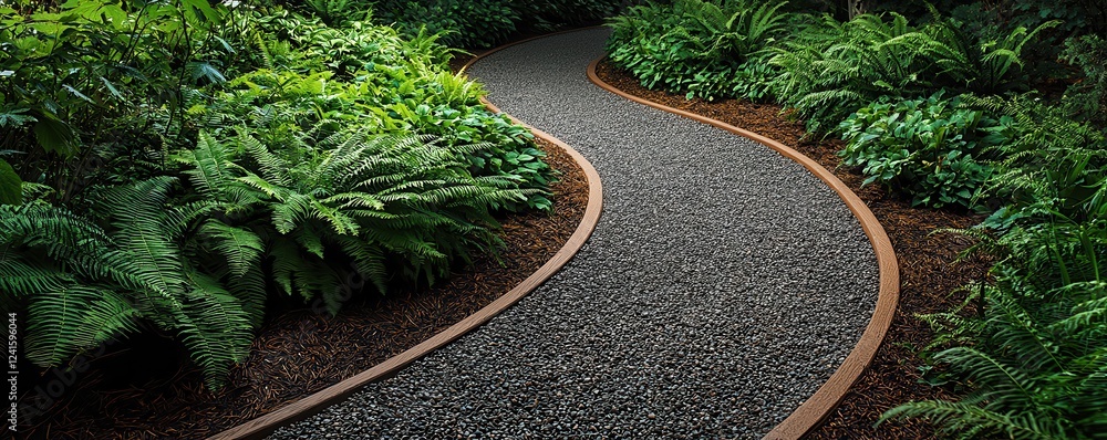 Poster creating a serene garden with a gravel path through greenery