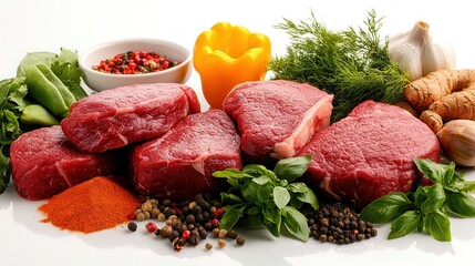 fresh halal food and grocery. Fresh cuts of meat surrounded by herbs and spices on a white background.
