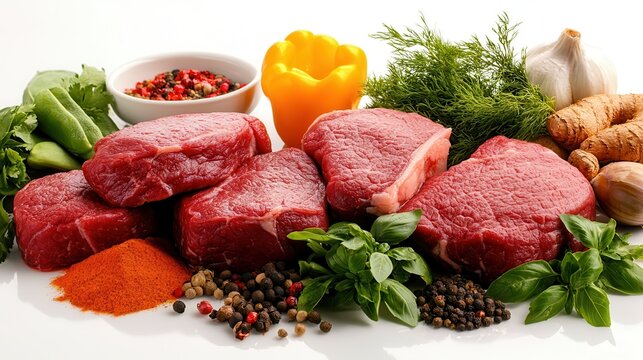 fresh halal food and grocery. Fresh cuts of meat surrounded by herbs and spices on a white background.
