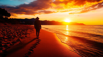 A calming beach scene with footprints in the sand, symbolizing peace and mindfulness, wide-angle, golden tones