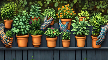 Gardeners tending potted herbs and flowers on a fence, lush background, for gardening websites