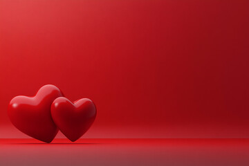 Valentine&rsquo;s day romantic red background featuring two prominent hearts on a solid red surface
