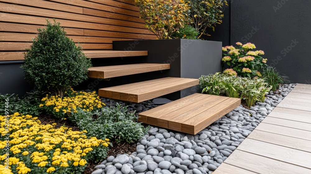 Poster creating a serene home garden with a winding rock path