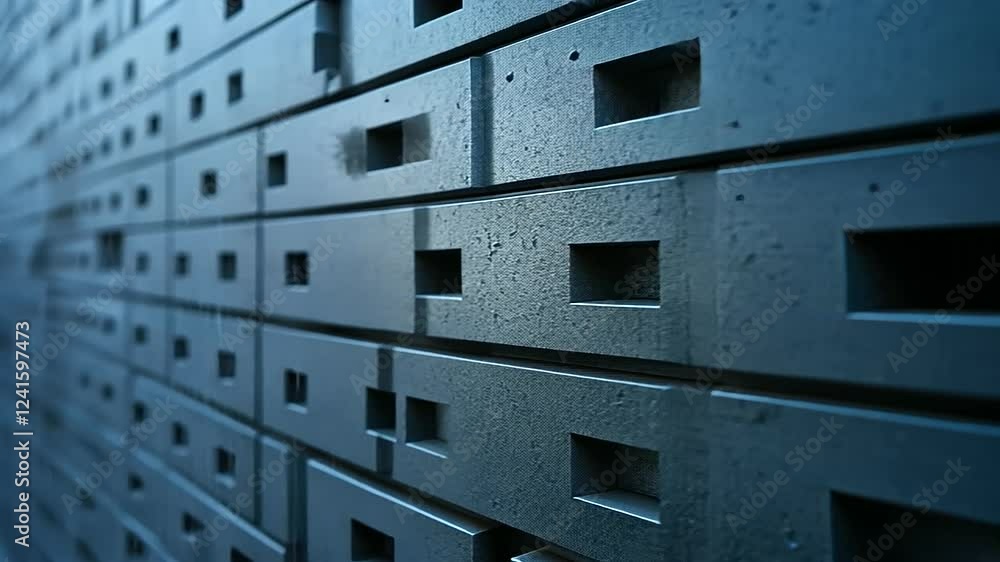 Poster architectural bricks with perforated patterns arranged neatly on a matte gray surface, evoking a sen