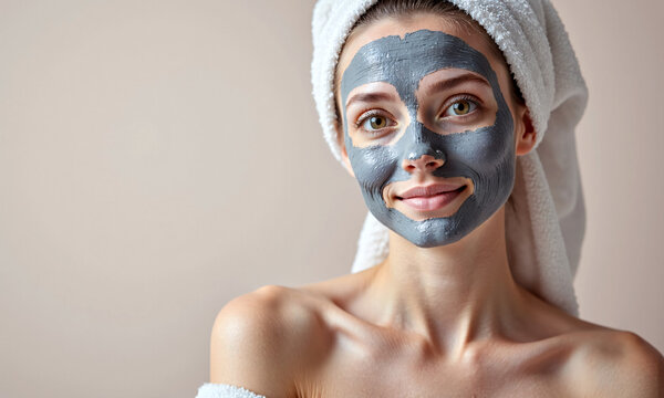 A young woman with a towel wrapped around her head applies a clay mask to her face and enjoys a daily routine that includes facial cleansing, skin care, exfoliation, moisturizing and beauty treatments