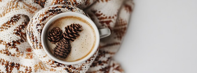 A cup of coffee with pine cones inside, wrapped in an Indian-patterned scarf,
