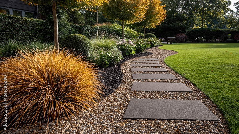 Poster creating a tranquil home garden with a pebble rock path