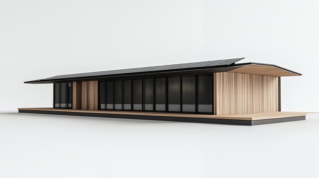 3d model of a small modern home with wooden and metal buildings with solar panels 
