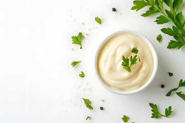 Delicious mayonnaise sauce with in ceramic dip bowl and for ingredients cooking on the table on table, top view