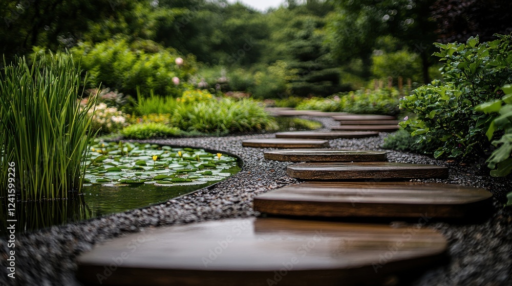 Poster creating a tranquil garden with curved rock path at home