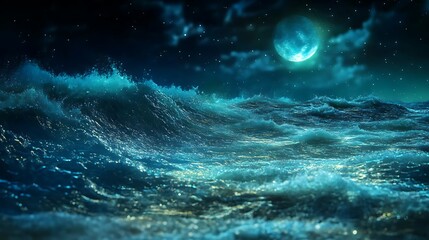 Nighttime Ocean Scene with a Bright Blue Moon and Rolling Waves