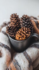 Fototapeta premium A cup of coffee with pine cones inside, wrapped in an Indian-patterned scarf, 
