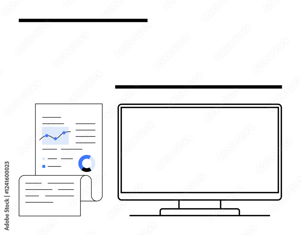 Poster Computer monitor beside financial documents displaying graphs and charts. Ideal for data analysis, financial reports, business presentations, office setup, productivity, digital workspace