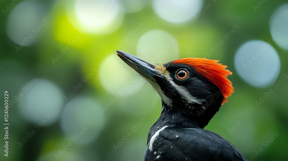 Poster close-up portrait of pileated woodpecker with distinctive red crest against blurred green bokeh back