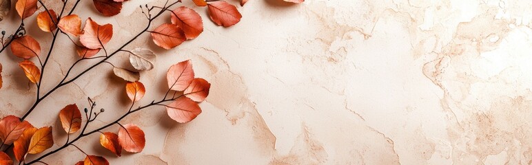 Cozy minimalist mockup background with space for text featuring autumn leaves, soft lighting, and warm colors, ideal for seasonal promotions, lifestyle, or home decor branding