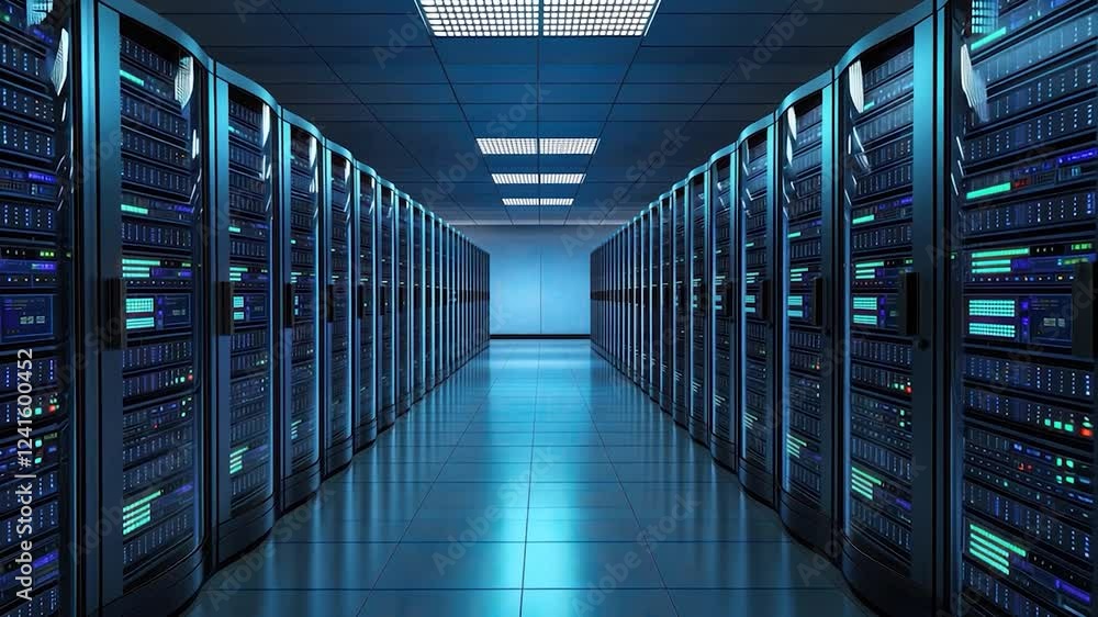Aufkleber modern data center with rows of servers and blue ambient light.