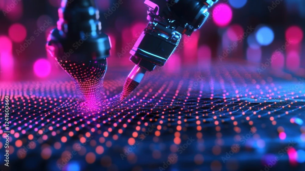 Poster two robotic arms manipulate a glowing mesh, creating an intricate pattern in an innovative manufactu