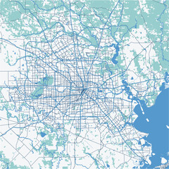 Map of Houston Metro in Texas in a professional blue style. Contains layered vector with roads water, parks, etc.