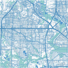 Map of Irving in Texas in a professional blue style. Contains layered vector with roads water, parks, etc.