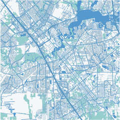 Map of League City in Texas in a professional blue style. Contains layered vector with roads water, parks, etc.