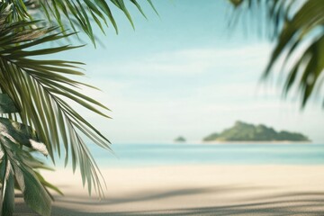 Experience the serene beauty of a tropical beach, where lush palm leaves frame a peaceful island scene, inviting you to relax and escape into paradise, far from everyday lifes hustle