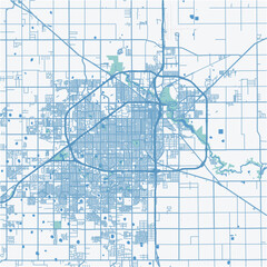 Map of Lubbock in Texas in a professional blue style. Contains layered vector with roads water, parks, etc.