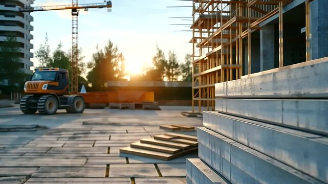 Detailed view of interlocking concrete blocks with visible grooves and ridges, surrounded by other building materials at a contemporary construction site.