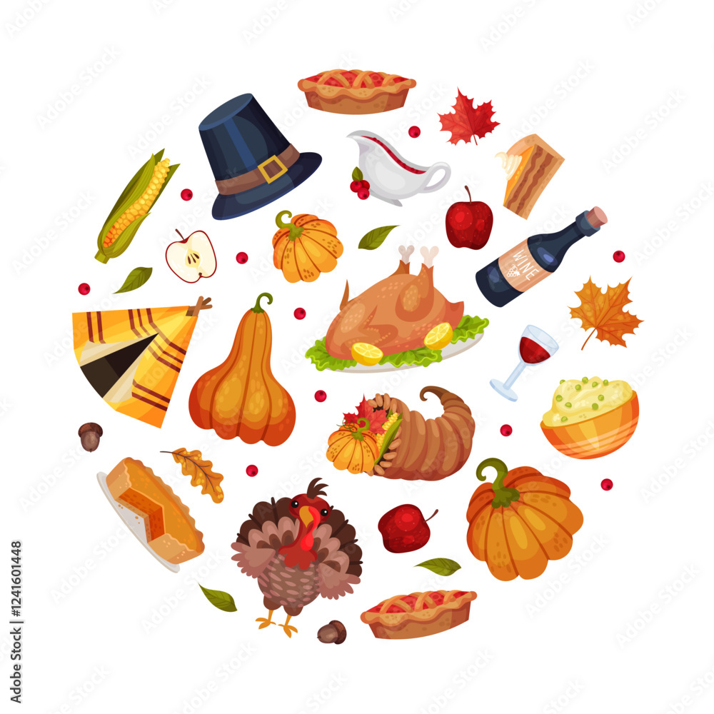 Poster thanksgiving round composition with autumn fest object vector template