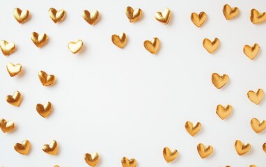 Minimalist mockup background with space for text featuring small golden foil heart accents against a pure white backdrop for a clean modern aesthetic for Saint Valentines Day and 8 March 