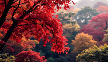Autumn in Japan Kyoto, colorful fall foliage, red maple tree leaves.