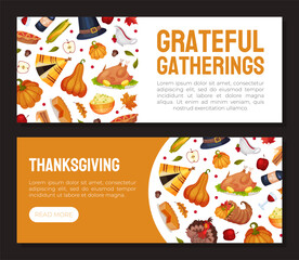 Naklejka premium Thanksgiving Banner with Autumn Fest Object Vector Template