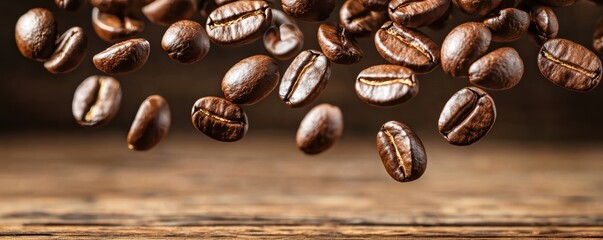 Fototapeta premium Fresh coffee beans hover above a rustic wooden surface, showcasing their rich texture and deep brown color in an appealing, dynamic composition.