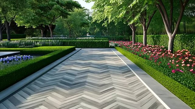 Elegant concrete pavers in a herringbone pattern, seamlessly integrated into a landscaped path with colorful flowerbeds and a tranquil water feature nearby.