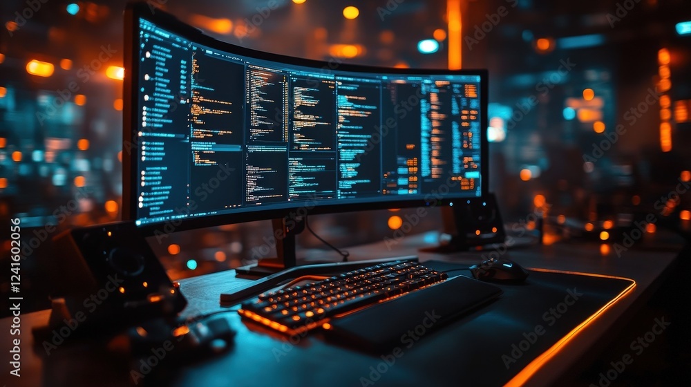 Aufkleber futuristic workspace featuring a curved monitor displaying code, illuminated by orange lights