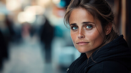 Fototapeta premium Portrait urbain d'une femme contemplative de trois-quart par temps froid