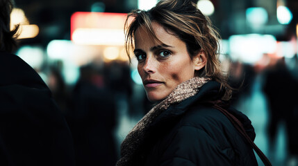 Obraz premium Portrait urbain d'une femme contemplative de trois-quart par temps froid