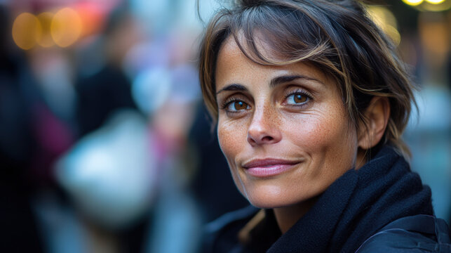 Portrait urbain d'une femme contemplative de trois-quart par temps froid