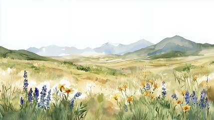 watercolor painting of a landscape with wild flowers, grass, hills and mountains 