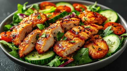 Fototapeta premium Grilled Chicken Salad with Vegetables and Sesame Seeds