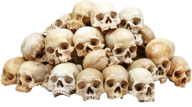 Pile of skulls forming a large mound on transparent background