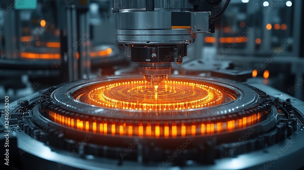 Poster high-tech machinery in a factory setting, showcasing a laser cutting process with glowing patterns