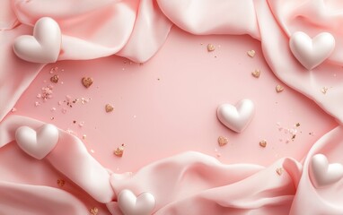 Elegant mockup background with space for text decorated with subtle embossed heart textures on a luxurious pink satin fabric for Saint Valentines Day and 8 March International Womens Day