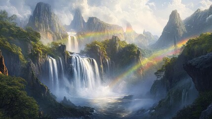 Fototapeta premium Enchanted Waterfall Paradise: A Rainbow's Embrace in a Lush Mountain Valley