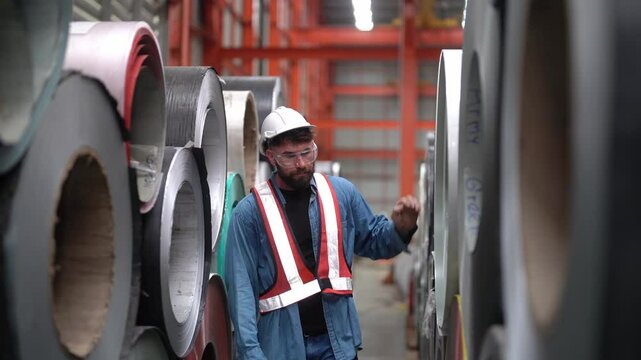 Steel Factory Inspection: A worker wearing a hard hat and safety vest inspects large rolls of metal in a brightly lit factory, embodying the industrial process.