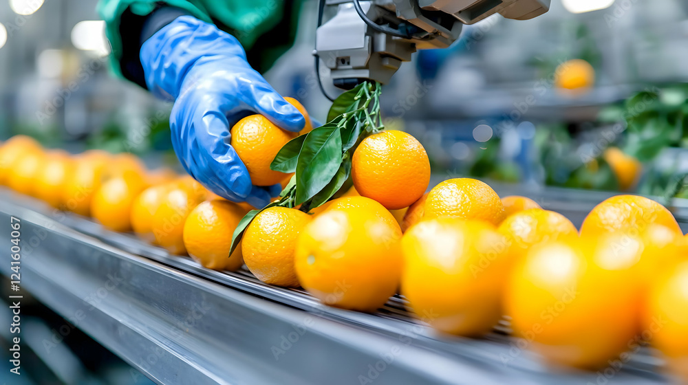 Poster robotic orange sorting in factory; worker handling fruit on conveyor belt