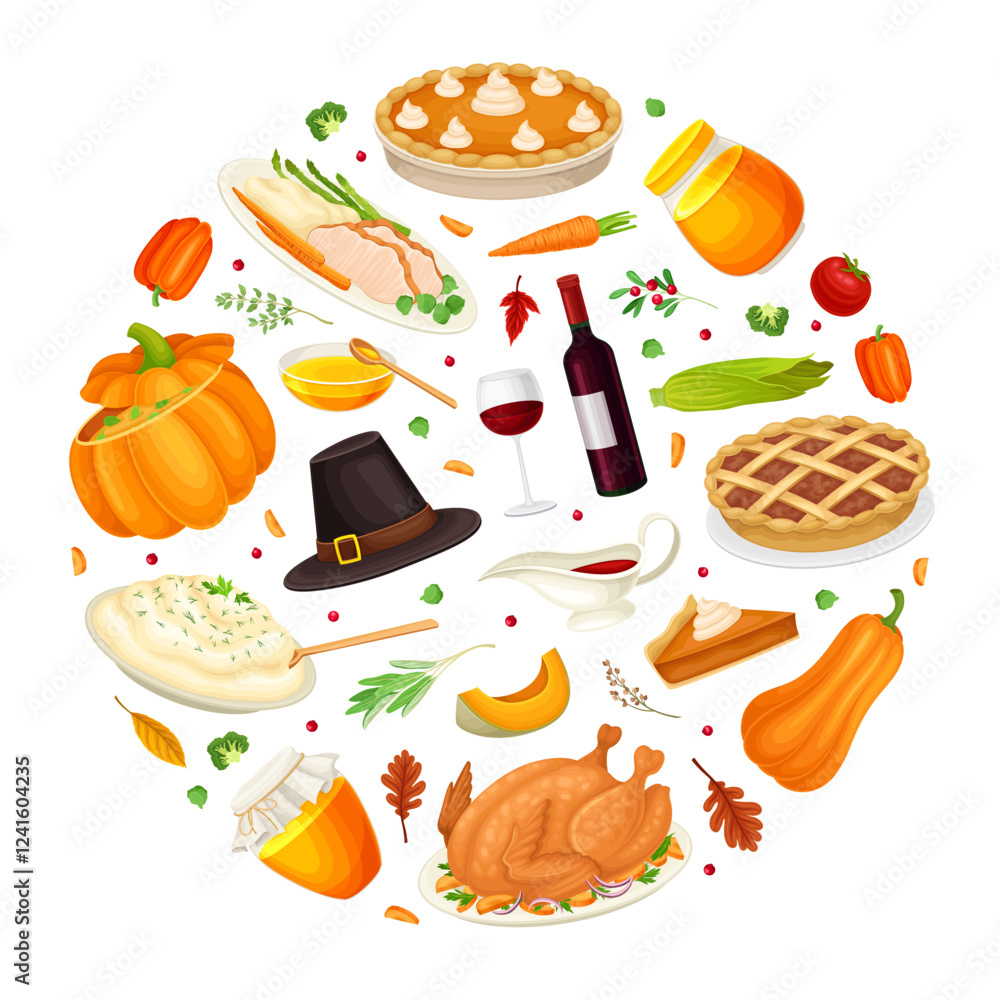 Poster thanksgiving round composition with autumn fest object vector template